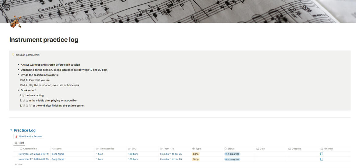 Musical Instrument Practice Log